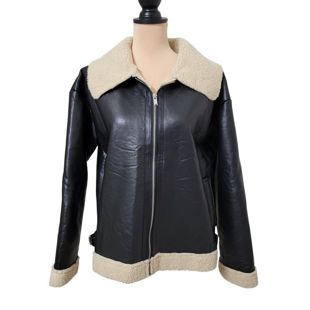 Cyanrose Size L Black / Cream Faux Leather Faux Shearling Aviator Jacket, NEW